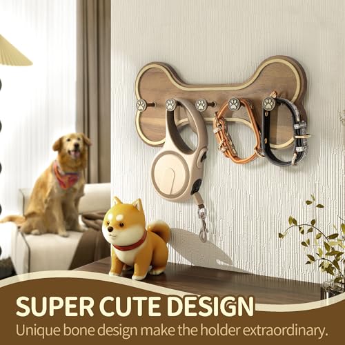 MTERSN Farmhouse Dog Leash Holder for Wall – Dog Stuff Organizer and Dogs Bone Key Holder Wall Mount with 3D Puppy Paw Hooks - Cute Stuff for Pet Lover Gifts (Acacia Wood) - Image 3