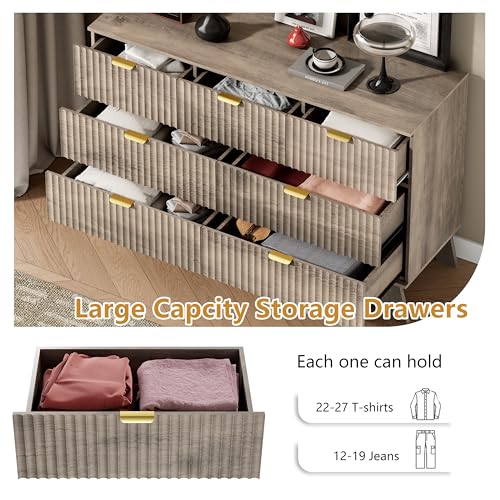 Image of Wodeer 7 Drawer Fluted Dresser for Bedroom, Mid Century Modern Wooden Dresser with 7 Drawers, Dressers & Chests of Drawers with Metal Handle, TV Stand & Storage Organizer for Entryway, Hallway, Grey