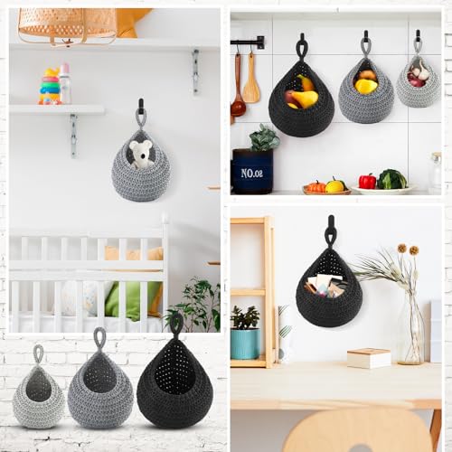 Image of Honeydak 3 Hanging Baskets, Light Grey, White, Grey, Teardrop, Cotton Rope