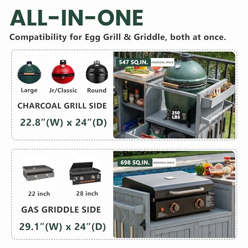 Image of Merax 80.5 inch Outdoor Kitchen Island for Big Green Egg& Blackstone Griddle, Solid Wood Grill Cart Table with Stainless Steel Top, Drawer for Large Big Green Egg and 21 inch /28 inch Blackstone Griddle, Grey Blue