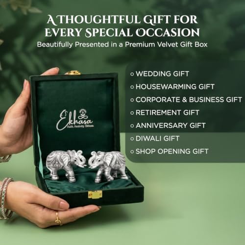 Image of Ekhasa 999 Pure Silver Plated Elephant Statue Pair for Vastu & Good Luck with Velvet Gift Box | Home & Office Decor | Housewarming Ceremony, Wedding, Griha Pravesh, Diwali & Festive Gift