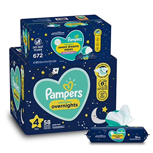 Image of Overnight Diapers Size 4, 58 Count and Baby Wipes - Pampers Swaddlers Overnights Disposable Baby Diapers and Sweet Dreams Wipes, 12X Pop-Top (672 Count)