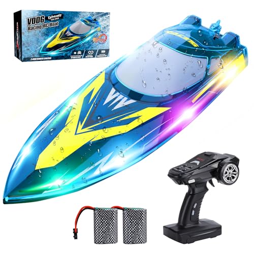 Aragallant Ferngesteuertes Boot, RC Rennboot mit LED-Licht - 150M/493FT, 30+ KM/H Hochgeschwindigkeit, 2,4 GHz Fernsteuerung, Nie-Kentern, RC Speedboot mit 2 Akkus für Pool/Seen