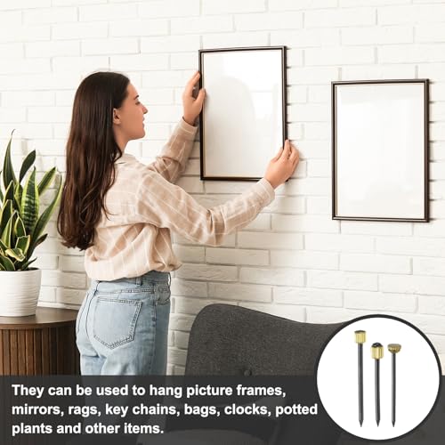 Image of uxcell 90Pcs Picture Hanging Nails, 3 Sizes Iron Decorative Hangers Reusable Hardware Tool for Hanging Pictures Mirrors Baskets, Gold & Black