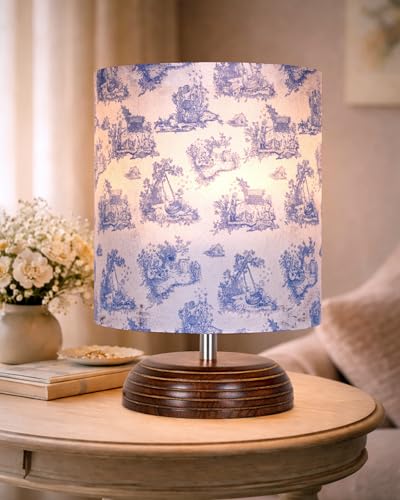 Image of Homesake Wooden Base Table Lamp with Fabric Drum Shade Aara | Warm Ambient Bedside Lamp for Bedroom, Living Room, Study, Office, Modern Classic Night Lamp Home Decor, (KD Toilet de jouy)
