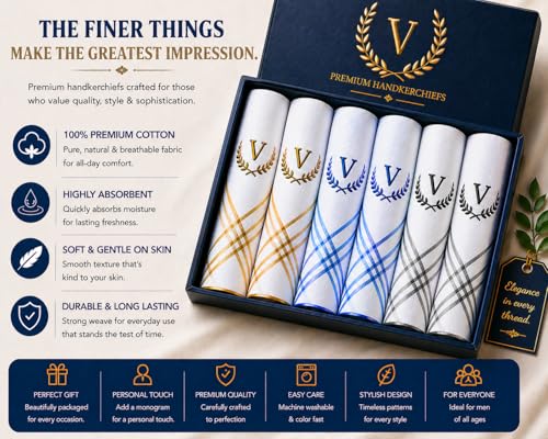 Image of ANTONIA Men's Initial Alphabet Handkerchiefs | Premium Cotton Personalized Hankies with Letter Embroidery (A-Z) | Soft, Absorbent & Reusable | Formal, Wedding & Gift Use | Pack of 6