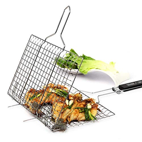 Harivar Mart Chromium Plated Barbecue BBQ Grill Net Basket Roast Grilling Tray Chromium Plated with Wooden Handle, Vegetables, Steak, Shrimp, Chops and Other Food with Wooden Handle