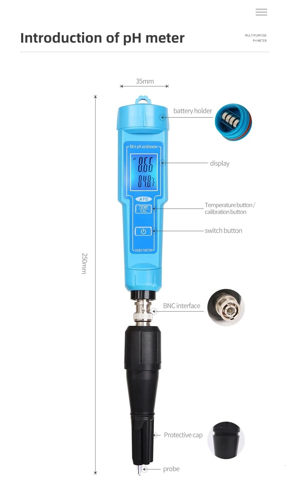 BASSFLY Testeur d'eau, PH-61181 Testeur de pH/température, étalonnage Automatique, acidimètre de température for Aquarium, hydroponie, Spa, Piscine Aquarium, Piscine