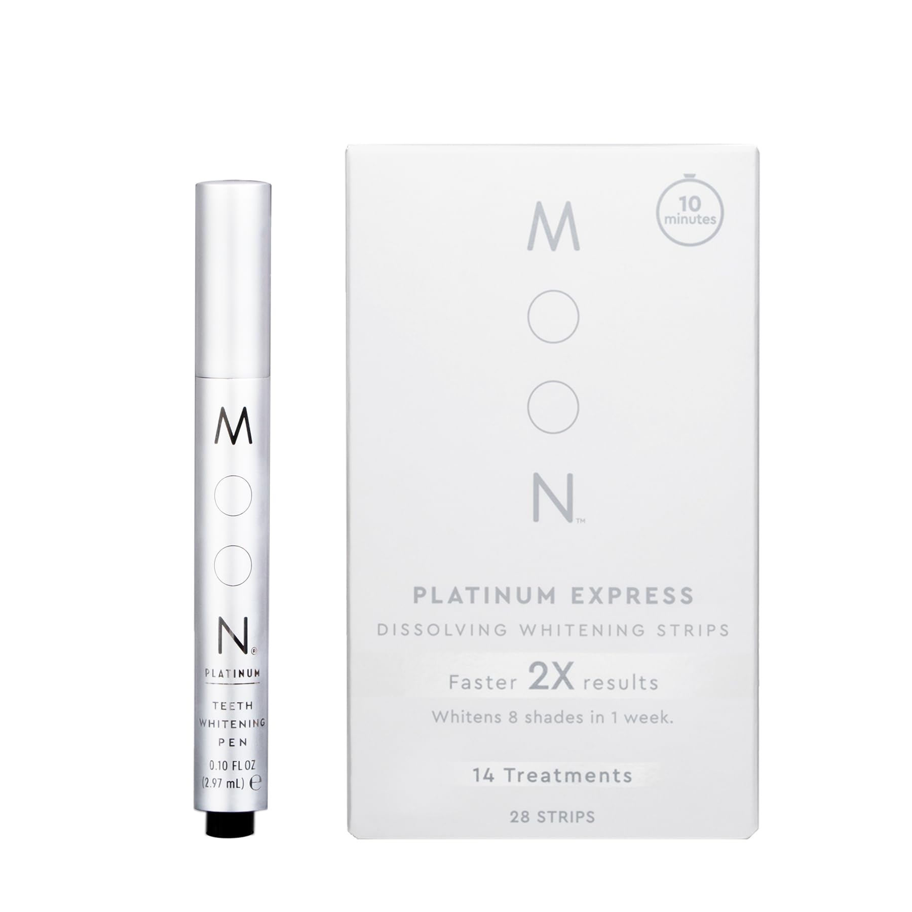 MOON Teeth Whitening Bundle Platinum Express Dissolving Strips Mint Whitening Pen with Essential Oils Peroxide-Infused Travel Kit for
