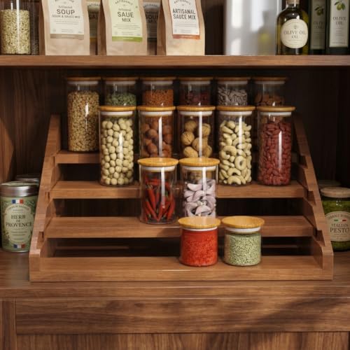 Solid-Wood-Spice-Rack-Organizer-for-Countertop-Cabinet-4-Tier-Adjustable-Wooden-Spice-Shelf-with-Sliding-Track-Premium-Step-Seasoning-Bottle-Holder-for-Kitchen-Pantry-Office-Walnut-Brown