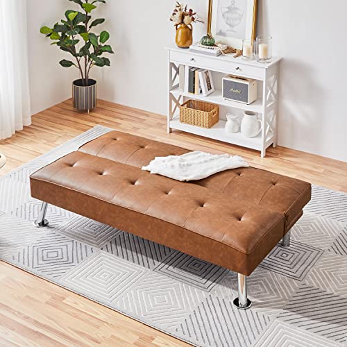 Yaheetech Convertible Sofa Couch Futon Bed Faux Leather Sofa Bed Sleeper Adjustable Loveseat Futon Couch Living Room Furniture With Chrome Metal Legs, Brown #TOP3