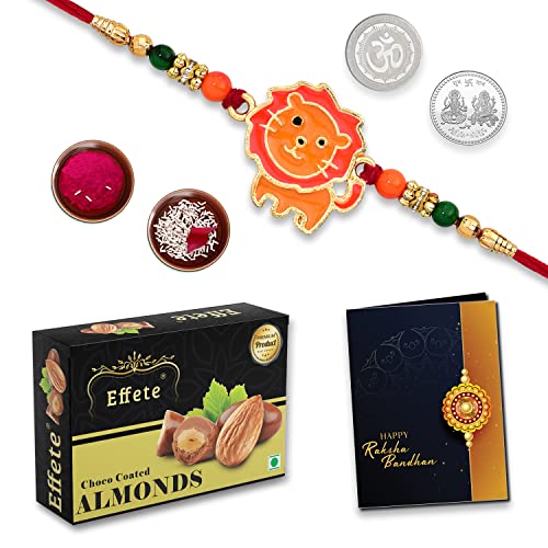Image of DeoDap Multicolor Lion Rakhi Bracelet Roli Chawal with Chocolate Almonds 32gm, Silver Pooja Coin, Tilak Set, Greeting Card - Rakhi Gift for Brother