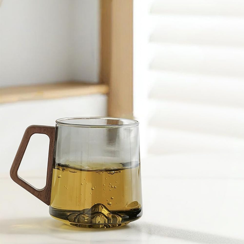 Smokey Gray Glass Slanted Coffee Cups With Wooden Handle, Creative Wonder Mountain Bottom Wood Handle Cup, Mountain View Whiskey Glass with Wood Handle, Wooden Coffee Mugs (Gray, 2PC)