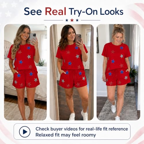 Image of VILOVE 4th of July 2 Piece Sequin Outfits Women 250 Anniversary Usa Shirts and Short Sets Casual Patriotic Shirt Summer Set