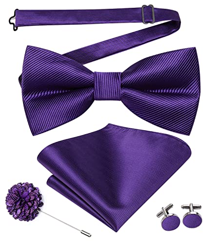 Image of Hi-Tie Bow Ties for Men Pre-Tied Pocket Square with Cufflinks Mens Bowtie Sets for Wedding Formal Party