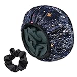 Navy Astral Print Satin Shower Cap, Three-Layer Terry Cloth Lined, with Silk Hair Ties, Microfiber Waterproof Reusable Large Size Shower Cap for Women Long Thick Hair