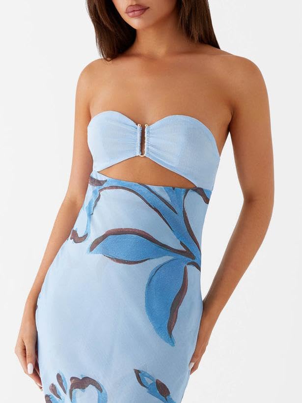 Image of Women Y2k Strapless Maxi Dress Floral Print Tube Long Dress Boho Beach Sundress Going Out Streetwear