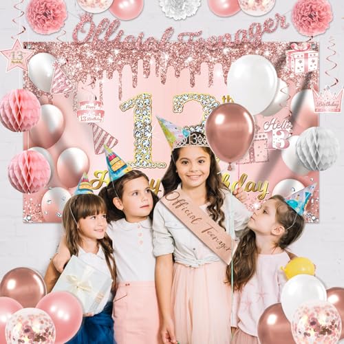 Image of 13th Birthday Decorations for Girls, 13 Birthday Girl Decorations include Official Teenager Decorations Banner, Backdrop, Hanging Swirls, Balloons, Paper Pompoms, Crown And Sash
