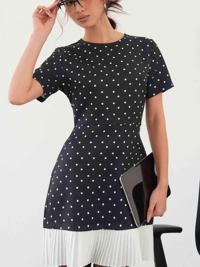 Polka Dot Mini Dress for Women Round Neck Short Sleeve Pleated Hem Mini Dress for Office Summer Outfit 20252