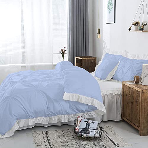 Image of 300 TC Pinch Ruffle 2 Tone Duvet /Razai /Blanket Cover with 2 Pillow Cover- 100% Cotton (Zipper Closure) Razai Cover 3 PC Set, Soft & Lightweight-King Size White /Light Blue
