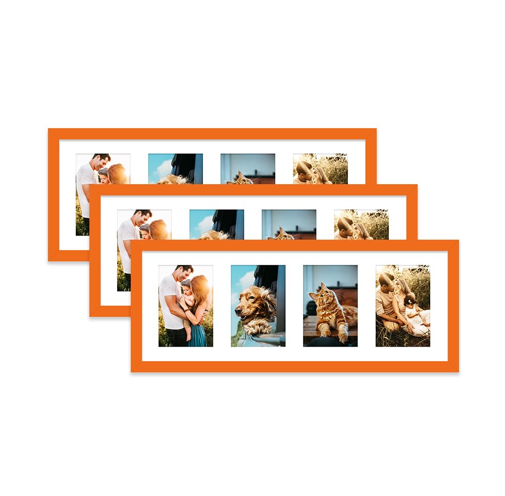 Orange Multi Photo Frame - Holds 4 x 6x4 Pictures, Family Collage Picture Frame for Wall Display, 8x22 Panoramic Frame Size, Set of 3