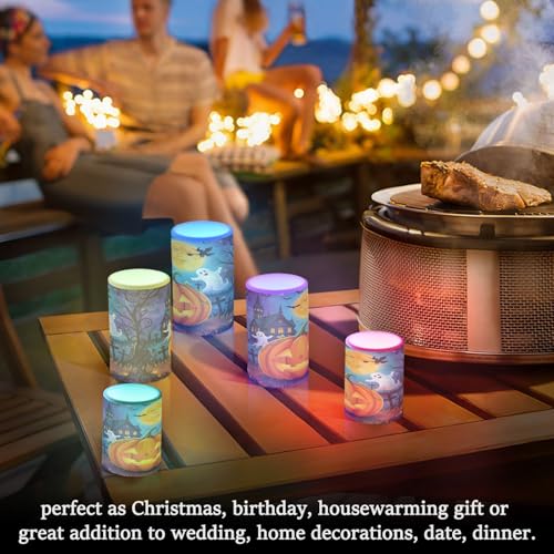 Image of Flickering Flameless Candles, Halloween Pumpkin Ghost Witch LED Candles with Remote Timer, Set of 2 Battery Operated Candle for Valentine Wedding Birthday