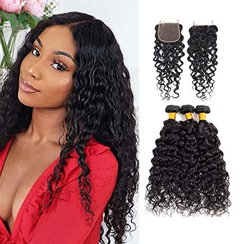 9A Water Wave Bundles With Closure Wet and Wavy Brazilian Virgin Human Hair 3 Bundles With Free Part Lace Closure Natural Black (16/18/20+14 inch, Bundles With Closure)
