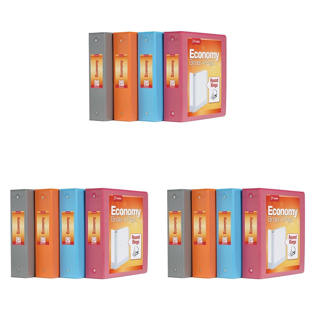 cardinal 3 ring binders, binders for school and office, durable 2 inch, round rings, holds 475 sheets, clearvue presentation view, non-stick, assorted autumn colors, 4pk