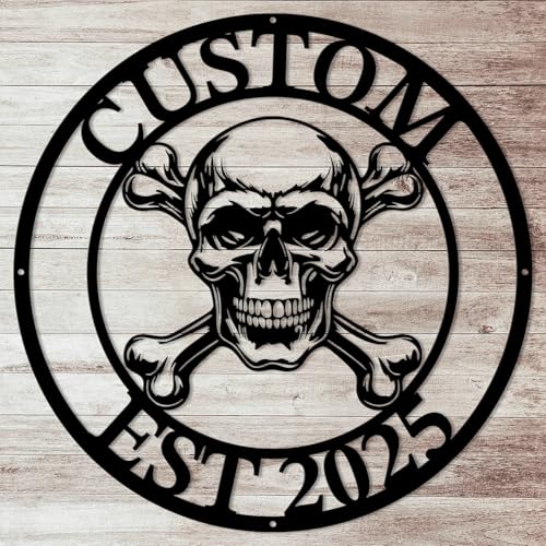 PeanutCase Custom Skull Metal Wall Decor - Personalized Name & Text Iron Art for Indoor Outdoor, Shed Cave, Studio,Bedroom, Cool Gothic Artistic Black Steel Gift Sign (Style I)