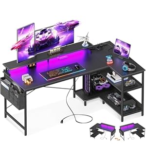 ODK 58 Inch Gaming Desk with USB Charging Ports and LED Lights, Reversible L Shaped Computer Desk with Storage Shelves & Monitor Stand, Corner Gamer Desk Table with Power Outlets, Black