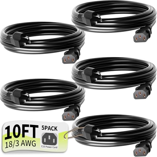 Image of 3 Prong AC Power Cord Cable 10ft 5 Pack 10 Amps 125 Volts 18AWG, NEMA 5-15P to C13, Black PC Power Cable for TV, Computer, Monitor, Printer, PlayStation, HP, Dell, Lenovo, Apple, Asus-ETL Listed