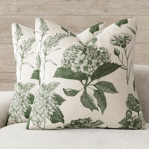 Image of Foindtower Set of 2 Linen Floral Throw Pillow Covers Neutral Vintage Print Decorative Cozy Cushion Covers Farmhouse Boho Home Decor for Sofa Chair Couch Bedroom Living Room,22x22 Inch,Dark Green