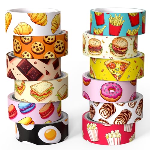 NIKOMIE 12 Rolls Cute Food Themed Washi Tape Set, Cartoon Yummy Dessert Decorative Tape Macarons Colorful Masking Tape for Journaling Supplies, Junk Journal, Scrapbooking, DIY Arts & Crafts Supplies