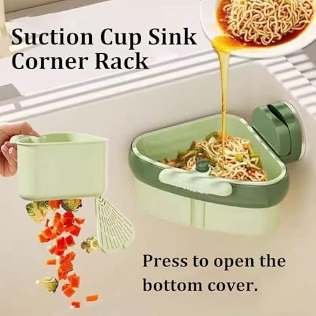 2025 New Suction Cup Sink Corner Rack, Corner Sink Strainer, Food Waste Catcher for Sink, Corner Baskets Triangle Storage (Green+Green)