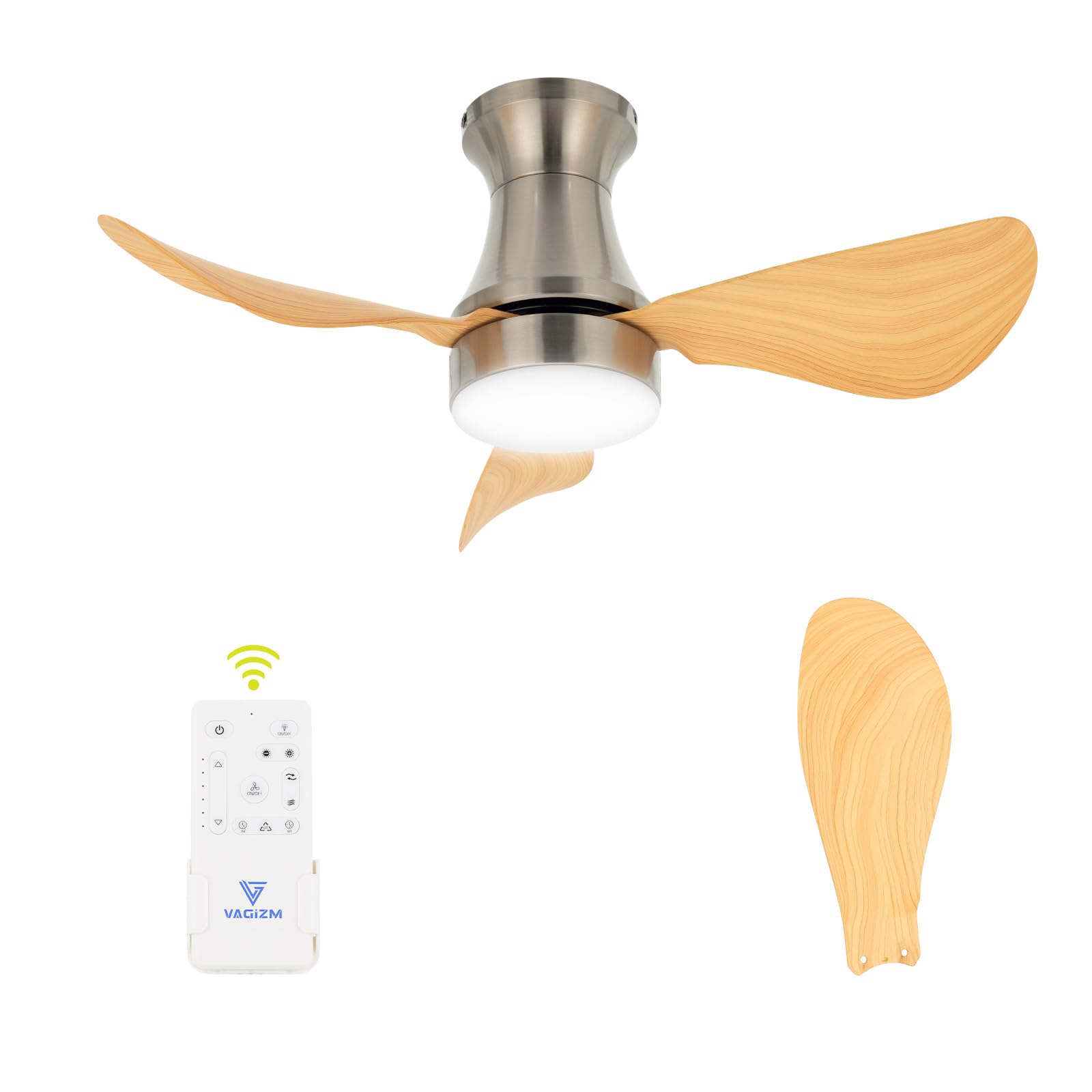Vagizm Deckenventilator mit Beleuchtung für Schlafzimmer:76cm leiser Deckenventilator mit Fernbedienung für Wohnzimmer - Umkehrbarer DC- Motor – Naturholzimitat 3 Flügel - Timer Funktion VV