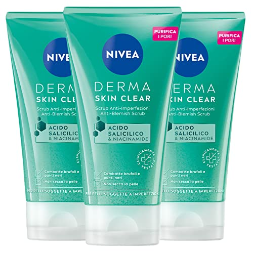 Nivea Derma Skin Clear Scrub Facial Anti-Inmfección Fórmula Vegana con Ácido Salicílico y Niacinamida con Efecto Limpiador, Exfoliante, Regenerador Antiespinillas y puntos negros, 3 botellas de 150 ml