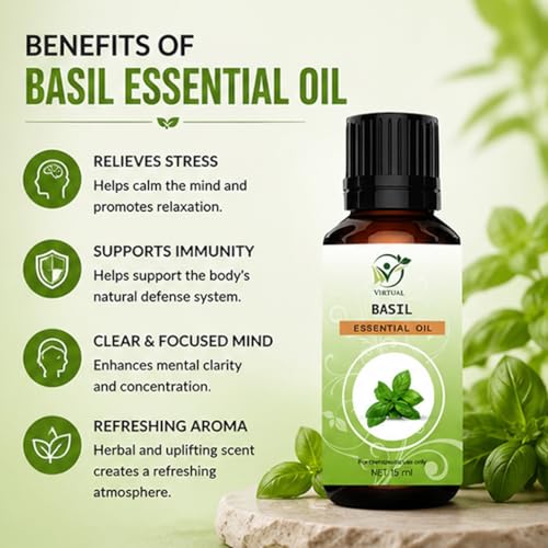 Image of VIRTUAL Basil Essential Oil 15 Ml | Pure & Natural Aromatherapy Oil for Diffuser, Humidifier, Spa, Massage & Home Fragrance