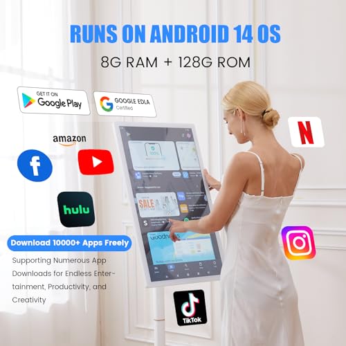 Image of 32 Inch Smart Portable TV on Wheels,FHD Touch-Screen-Monitor,Wireless RollableTV, 8G RAM,128G Storage,Built-in 6-8H Battery,Android 14,Full Swivel Rotation,Remote Control (White)
