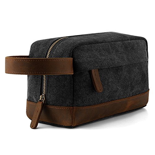 Plambag Travel Toiletry Organizer Bag for Men, Canvas Leather Shaving Dopp Kit（Dark Gray）