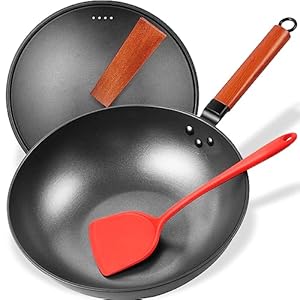Wok Pan with Lid, 13in Woks & Stir Fry Pans with Silicone Spatula, Nonstick Wok and Carbon Steel Woks, No Chemical Coated Flat Bottom Chinese Wok For Induction, Electric, Gas, All Stoves