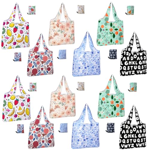 RUIPBOTE 12 Pack Reusable Grocery Bags, Foldable Shopping Bags with 6 Patterns, Reusable Tote Bags for Grocery, Travel, Gift