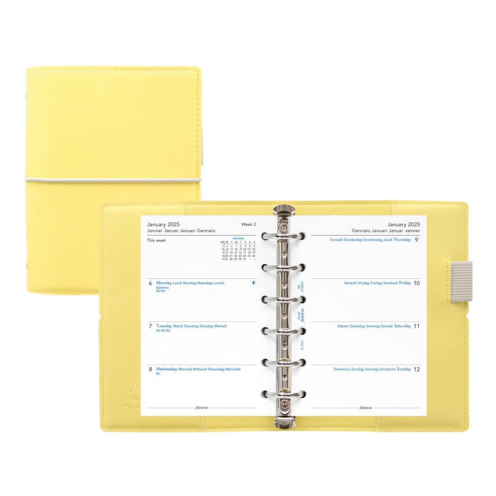 Filofax Domino C022610-25 - Agenda settimanale 2025, formato tascabile, formato tascabile, effetto pelle, effetto grana, tattile, con 6 anelli, visualizzazione settimanale, multilingue