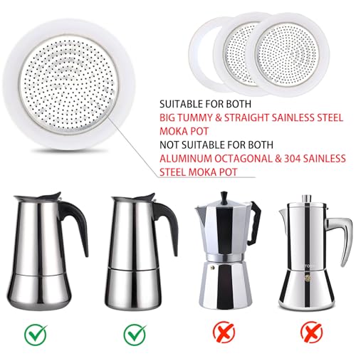 Image of 2 Pcs Filter with 3 Pcs Silicone Gasket Seals for 6 Cup Stovetop Espresso Coffee Maker Replacement Parts for Big Tummy and Straight Stainless Steel Moka Pot
