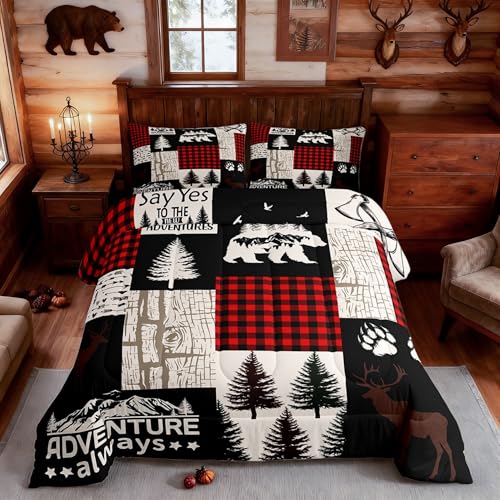 Castle Fairy Lodge Cabin Comforter Set Queen Size 3 Pcs Retro Black Red Grid Wooden Stripes for Kids Teens Adults Wild Bear Elk Animal Rustic Jungle Style Bedding with 2 Pillowcases+1