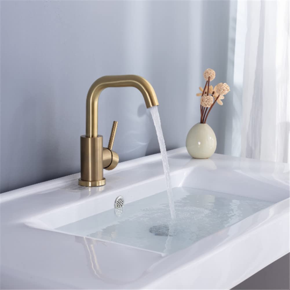 ZQFHSX Bathroom Faucet Brushed Gold Basin Cold and Hot Sink Mixer Tap Single Handle Deck Mounted Water