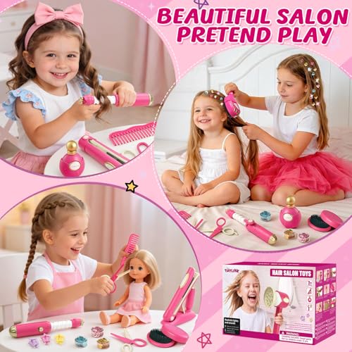 Friseur Set Kinder Spielzeug Geschenke für Mädchen 3-6 Jahre, Friseurkoffer Haarstyling Zubehör mit Haartrockner Lockenstab Schere Kamm Haarschmuck Rollenspiel Spielzeug für Mädchen ab 3 4 5 6 7 8