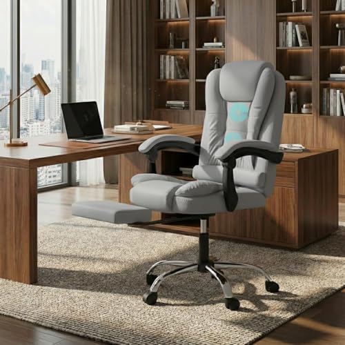 Image of Casa Copenhagen Italia Leatherette Office Chair for Work | Boss Chair, Ergonomic Executive, Luxurious Cushioned Arms & Seat, 2 Point Back Massager, Adjustable Leg Rest, Heavy Duty Metal Base(Grey)