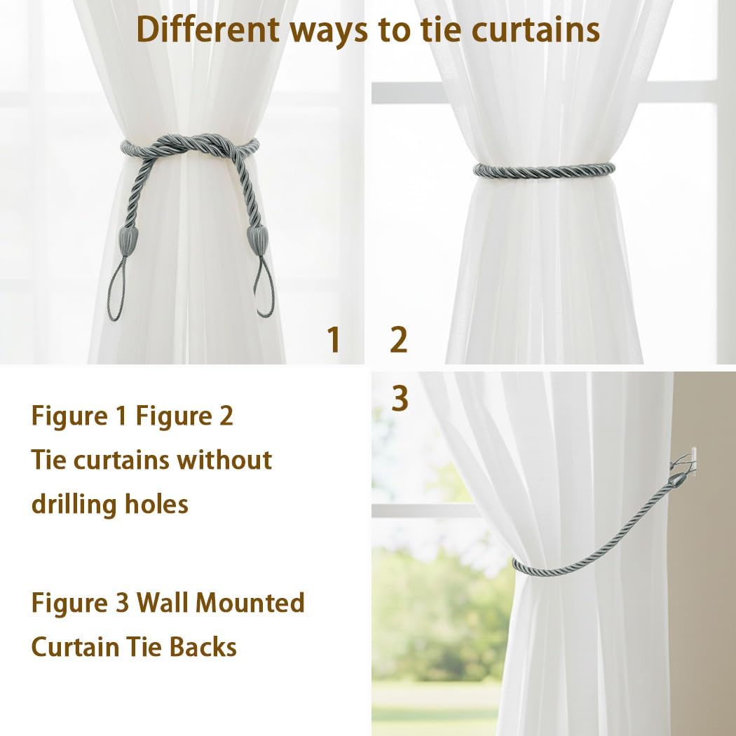 2 Pack Rope Curtain Tiebacks, Braided Curtain Tiebacks with Metal Screw & Adhesive Hooks, Decorative Curtain Ties for Drapes, Curtain Holdbacks for Living Room Bedroom Decor, Gray