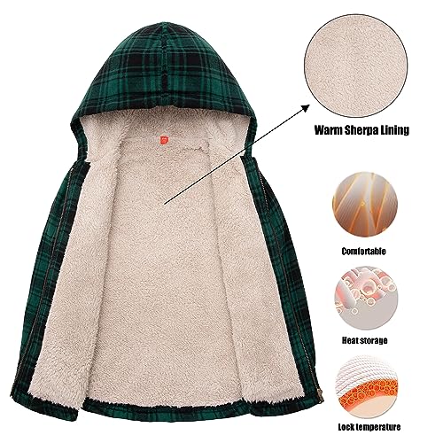 Thcreasa Boys Sherpa Lined Plaid Flannel Shirt, Little Big Zip Up Long Sleeve Warm Top Jacket Family Matching Green L(10-12) #TOP2