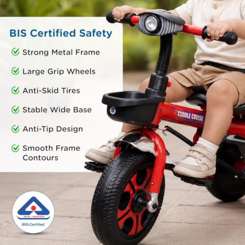 Image of Mee Mee Cuddle Cruise Baby Tricycle 1 to 5 Years, Upto 30kgs | Safety, Comfort, and Fun for Little Riders (Red)